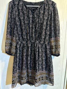 Madwell Lace Up Boho Medallion Mini Dress Womens 6 Black Long Sleeve Holiday 16
